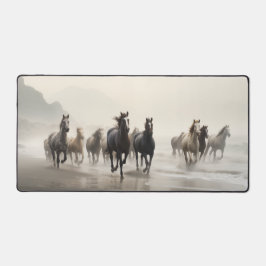 Wild horses on a foggy beach schreibtischunterlage