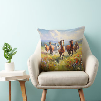 Wild Horses Running in a Wildflower Meadow Kissen