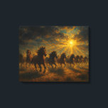 Wild Horses Running Leinwanddruck<br><div class="desc">A stunning horizontal landscape featuring a herd of horses galloping through a misty,  golden sunrise.</div>
