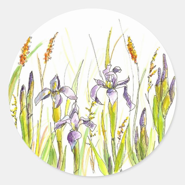Wild Iris Lila Wildblume Wasserfarben Sketch Runder Aufkleber (Vorderseite)