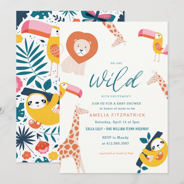 Wild Jungle Animal Baby Dusche | weiß Einladung (Vorne/Hinten)