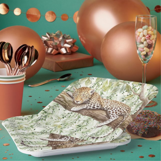 Wild Jungle Green Ivy Leopard Geburtstag Pappteller (Multi)