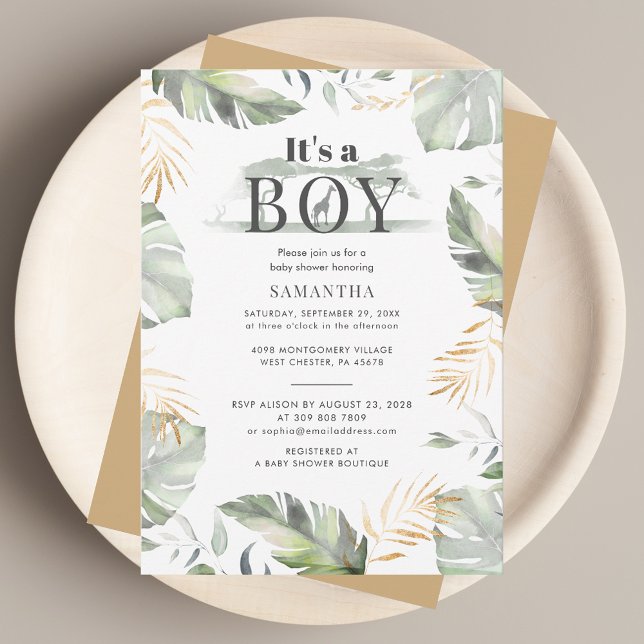 Wild Jungle Safari Botanical Boy Baby Dusche Einladung (Its A Boy Jungle Baby Shower Invitation)