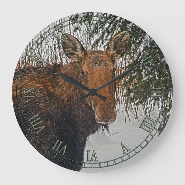 Wild kanadischer Elch im Winterschnee IV Große Wanduhr (Vorderseite)