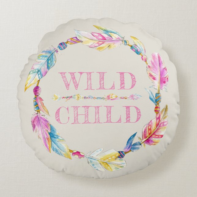 Wild kinderfarbenes Federkunstkissen Rundes Kissen (Vorderseite)