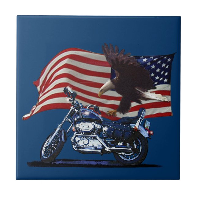 Wild & kostenlos - Patriotischer Adler, Motorrad u Fliese (Vorderseite)
