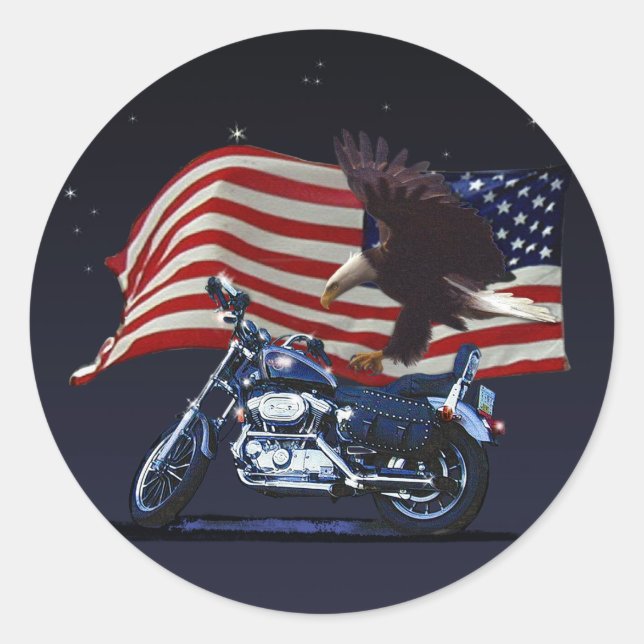 Wild & kostenlos - Patriotischer Adler, Motorrad u Runder Aufkleber (Vorderseite)