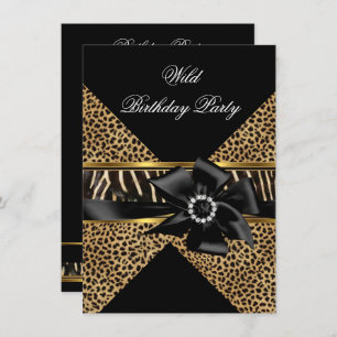 Wild Leopard Zebra Black Bow Gold Geburtstagsparty Einladung
