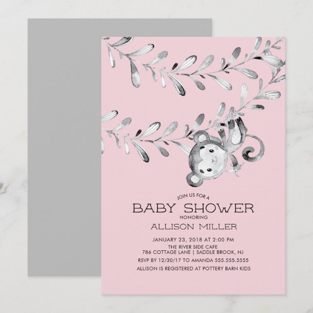 Wild Little Monkey Girls Babydusche Einladung (Vorne/Hinten)