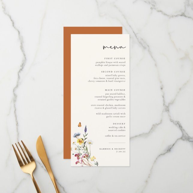Wild Meadow Floral Wedding Menükarte (Vorderseite/Rückseite Beispiel)