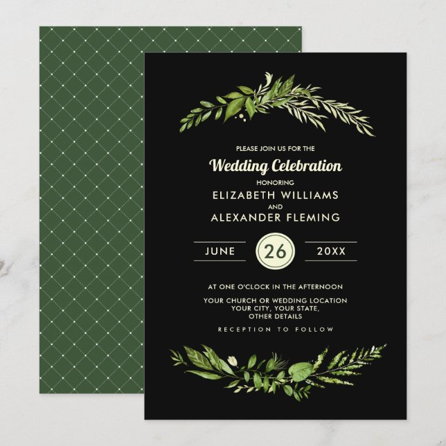 Wild Meadow Green Black Botanical Wedding Einladung (Vorne/Hinten)