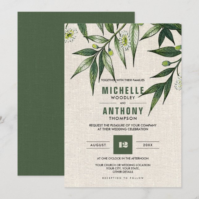 Wild Meadow | Grüne Botanische Burlap Wedding Einladung (Vorne/Hinten)