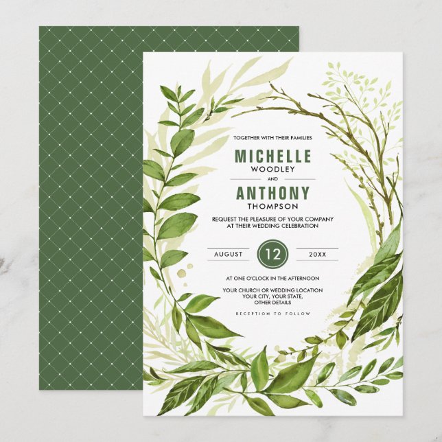 Wild Meadow | Grüne Botanische Hochzeit Einladung (Vorne/Hinten)