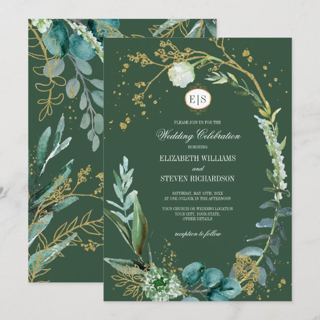 Wild Meadow | Grüne botanische Hochzeit Einladung (Vorne/Hinten)