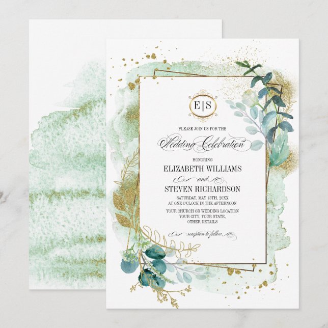 Wild Meadow | Grüne botanische Hochzeit Einladung (Vorne/Hinten)