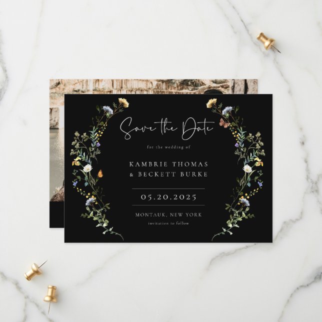Wild Meadow Wreath Floral Foto Black Save The Date (Vorderseite/Rückseite Beispiel)