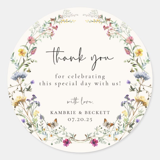 Wild Meadow Wreath Wedding Thank You Runder Aufkleber (Vorderseite)