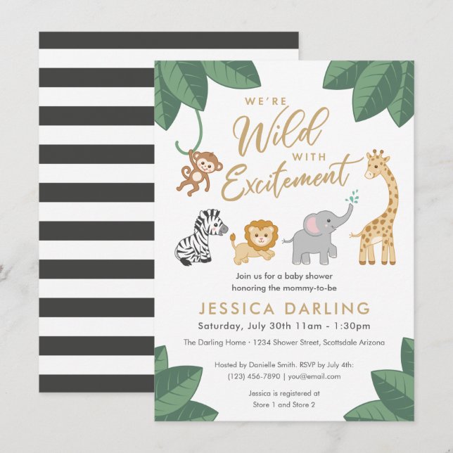 Wild mit spannender Dschungelmassage Babydusche Einladung (Vorne/Hinten)