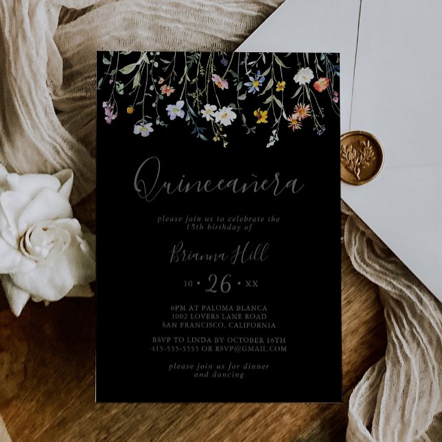 Wild Multicolor Floral Black Quinceñera Einladung (Von Creator hochgeladen)