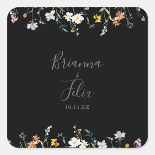 Wild Multicolor Floral Black Wedding Envelope Quadratischer Aufkleber