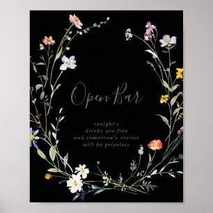 Wild Multicolor Floral Black Wedding Open Bar Sign Poster