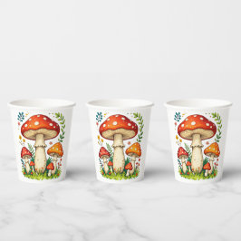 Wild mushrooms and flowers in grass forest nature pappbecher