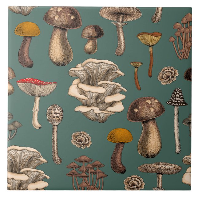 Wild Mushrooms  on pine green Fliese (Vorderseite)