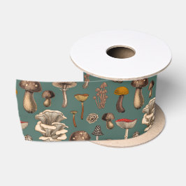 Wild Mushrooms on pine green Satinband