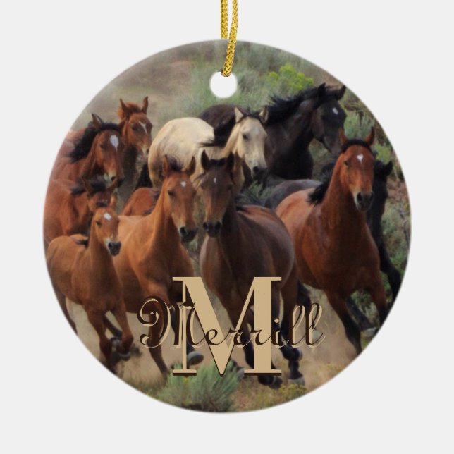 Wild Mustang Horses Monogram Keramik Ornament (Vorne)
