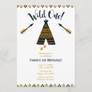 Wild One 1. Geburtstag Blau & Gold Tipi-Party Einladung