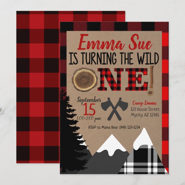 Wild One 1. Geburtstag Flannel Lumberjack Geburtst Einladung (Vorne/Hinten)