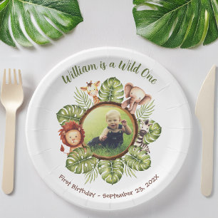 Wild One 1. Geburtstag Foto Safari Tiere Blätter Pappteller