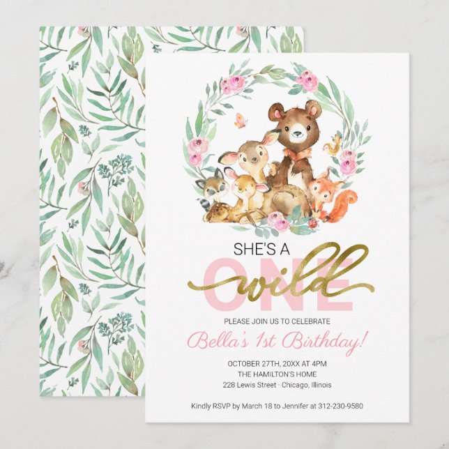 Wild One 1st Birthday Invitation Animaux des bois (Devant / Derrière)