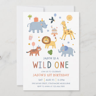 Wild One 1st Birthday Safari Animals Cute Kids Einladung