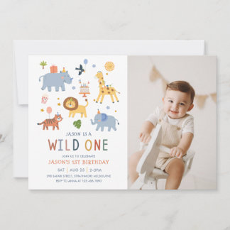Wild One 1st Birthday Safari Animals Cute Photo Einladung