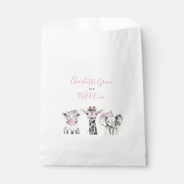 Wild One Animal Safari Schwarz-weiß Rosa Geburtsta Geschenktütchen (Vorderseite)