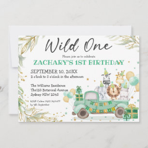 Wild One Animals Greenery Gold Safari 1. Geburtsta Einladung