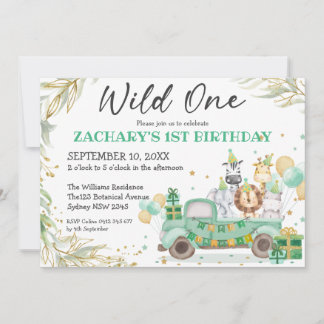 Wild One Animals Greenery Gold Safari 1. Geburtsta Einladung
