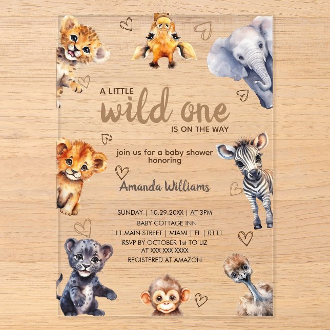 Wild One Animals Moderne einfache Baby Boy Dusche Acryleinladungen (Vorderseite)