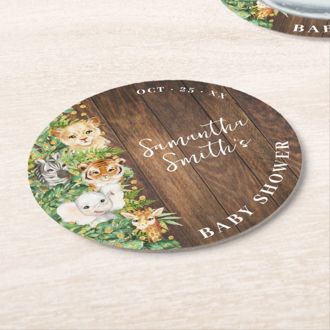 Wild One Animals Rustic Safari Baby Shower Runder Pappuntersetzer (Angewinkelt)