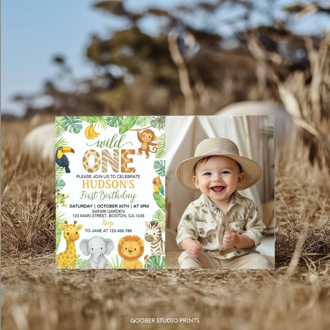 Wild One Animals Safari 1st Birthday Photo Einladung (Von Creator hochgeladen)