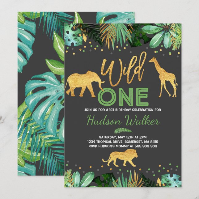 Wild One Anniversaire Invitation Jungle Animaux Pa (Devant / Derrière)
