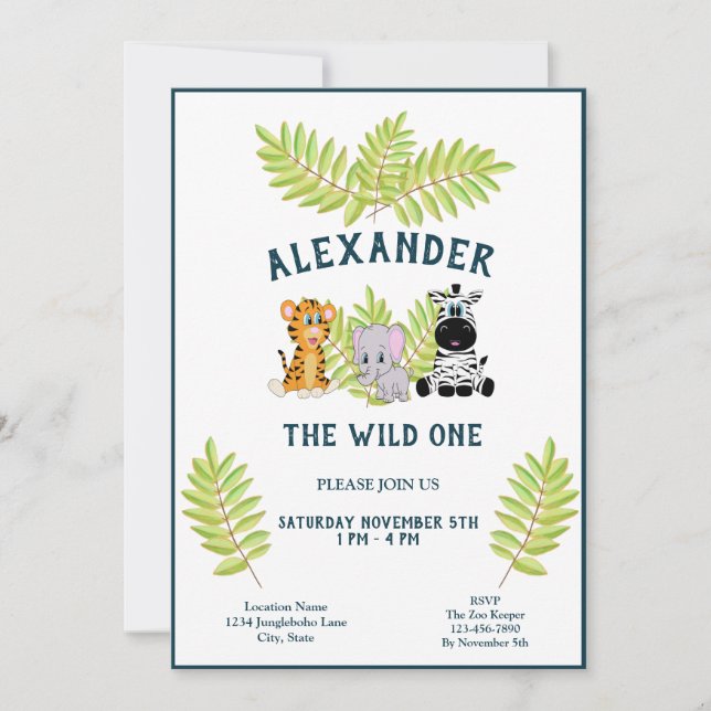 Wild One Baby 1st Birthday Jungle Animals Boy Einladung (Vorderseite)