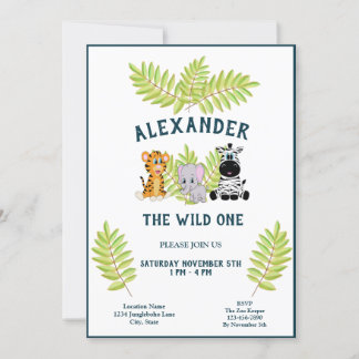 Wild One Baby 1st Birthday Jungle Animals Boy Einladung