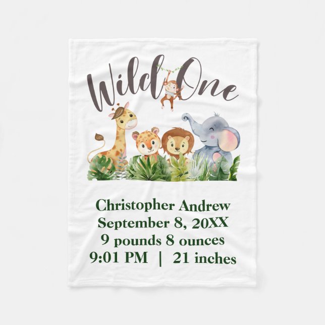 Wild One Baby Animals Jungle Safari Geburtsstat Ba Fleecedecke (Vorderseite)