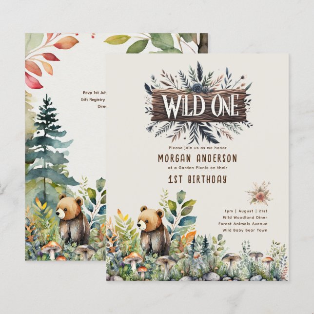 Wild-One-Baby-Bear-Woodland-Tiere rustikal (Vorne/Hinten)