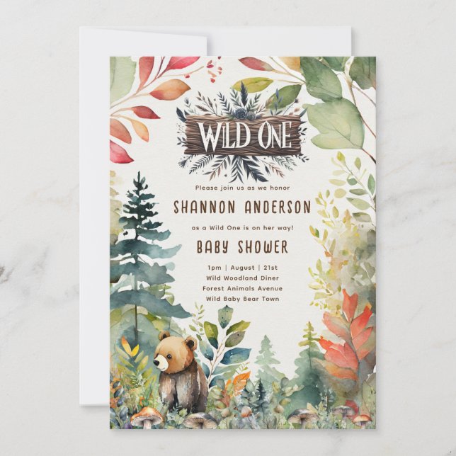 Wild-One-Baby-Bear-Woodland-Tiere rustikal Einladung (Vorderseite)