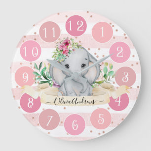 Wild One - Baby Elephant and Flowers Large Horloge
