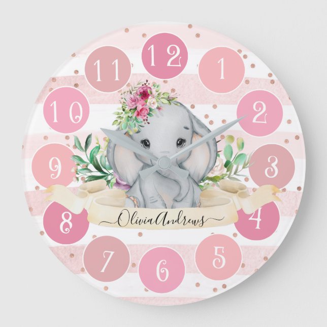 Wild One - Baby Elephant und Blume große Uhr (Vorderseite)