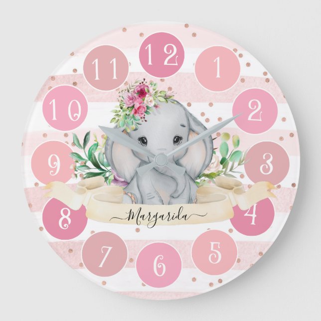 Wild One - Baby Elephant und Blume große Uhr (Vorderseite)